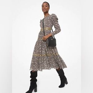 MICHAEL Michael Kors Floral Midi Dress in Black and Gold